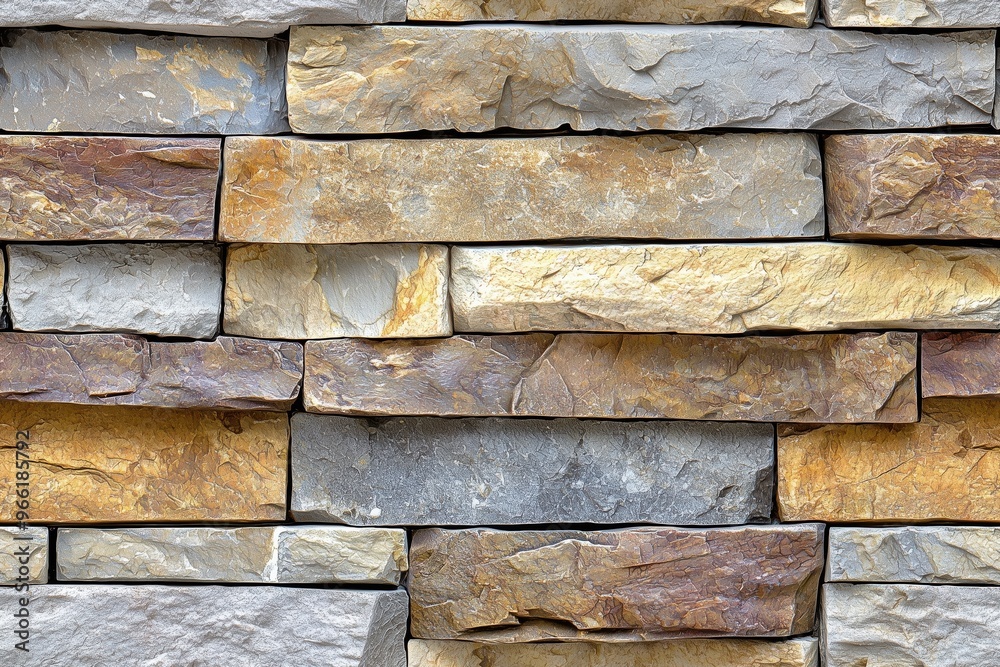Textured stone stack stone cladding wall made of various colored stones, including shades of gray, brown, and yellow. The stones are arranged in a staggered pattern. Textured stone stack stone cladding wall made of various colored stones, including shades of gray, brown, and yellow. The stones are arranged in a staggered pattern.