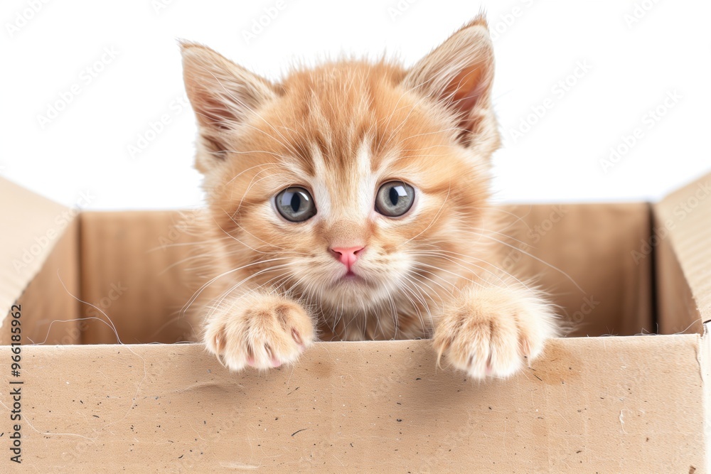 A kitten is peeking out of a cardboard box A kitten is peeking out of a cardboard box