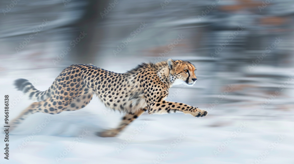 Cheetah Racing Through a Snowy Landscape. Concept of Wildlife, Speed, Nature, Winter Scene, Fast motion, speed Cheetah Racing Through a Snowy Landscape. Concept of Wildlife, Speed, Nature, Winter Scene, Fast motion, speed