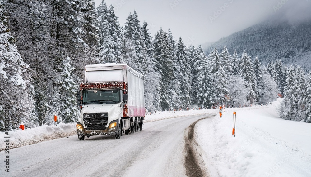 Cargo truck moving along a snowy mountain road Cargo truck moving along a snowy mountain road