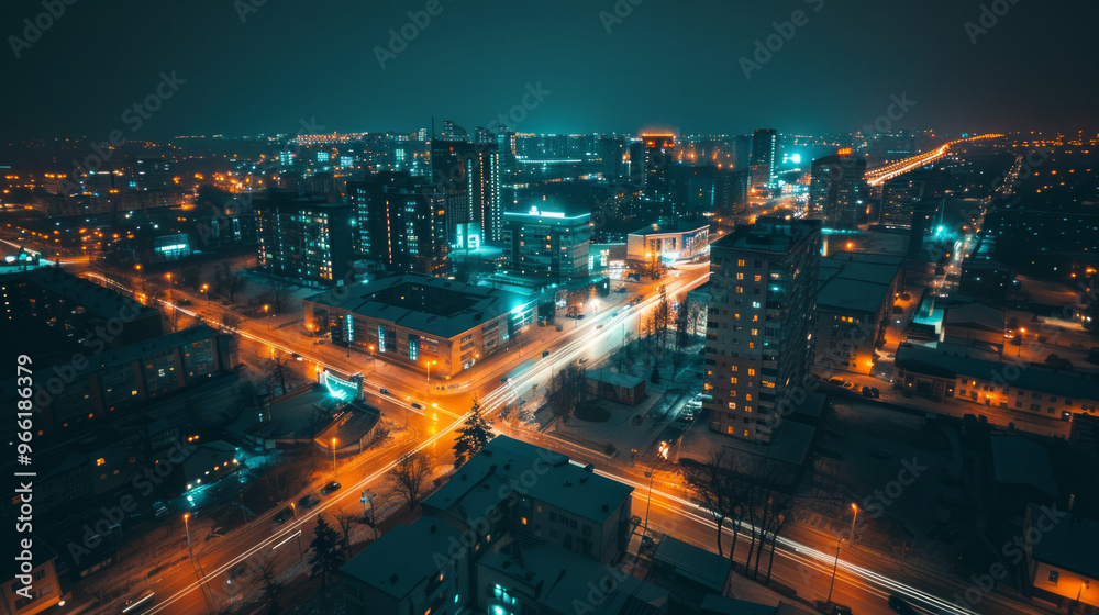 Fototapeta premium Aerial View of Cityscape at Night. Concept of Urban Development, Nightlife, City Lights, Modern Architecture