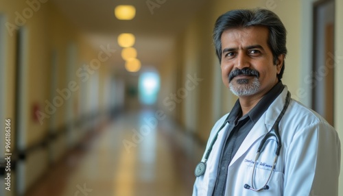 Dedicated Indian Doctor in Hospital Corridor: Professional Healthcare Portrait. Medical Expert in White Coat Symbolizing Commitment to Patient Care, Cultural Diversity in Medicine, and Healthcare Exce