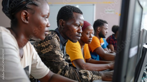 Adults in a computer class, learning new software skills and collaborating on digital projects photo