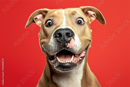 A portrait of a Pit Bull dog with a surprised and happy expression on face looking at camera over light red background. photo