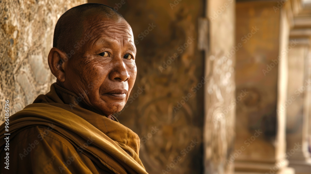 Naklejka premium Close-up photo of a Asian monk in a monastery. Concept of spirituality, traditional attire, serene expression, historic architecture