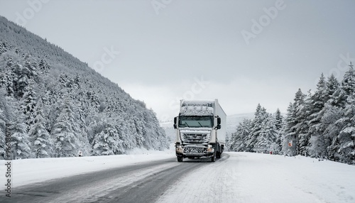 Cargo truck moving along a snowy mountain road