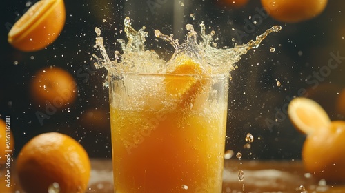 Orange juice splashing out of a glass, with whole oranges and peels in motion, perfectly frozen in time, creating a dynamic advertising masterpiece