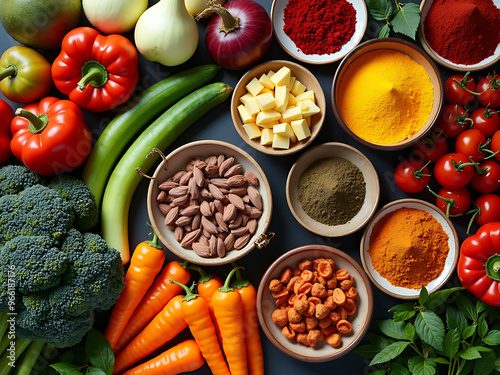  A vibrant picture of various fruits, vegetables, and spices.