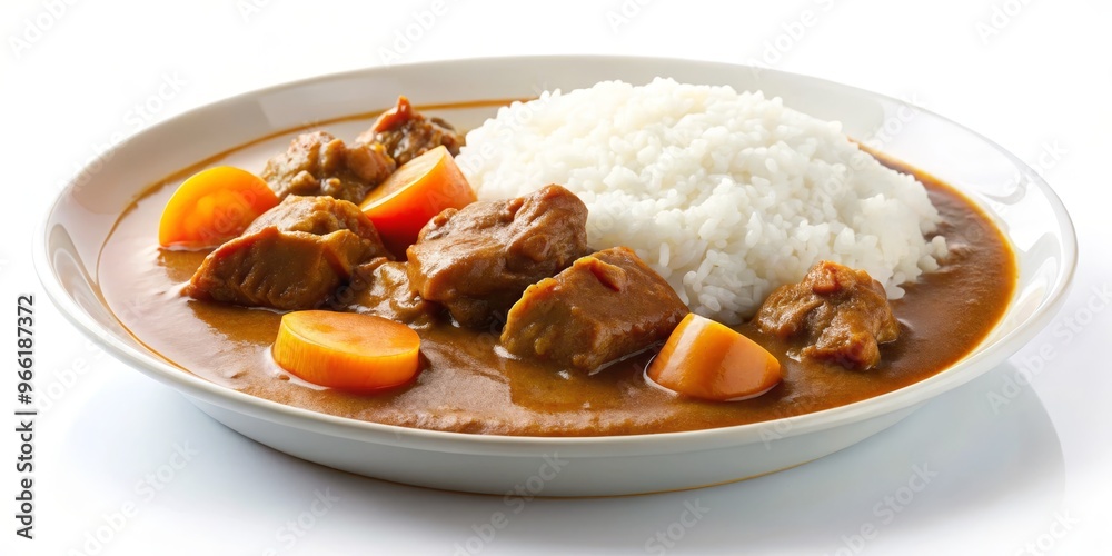Japanese Beef Curry with Rice on a White Plate, Japanese food, curry, beef Japanese Beef Curry with Rice on a White Plate, Japanese food, curry, beef