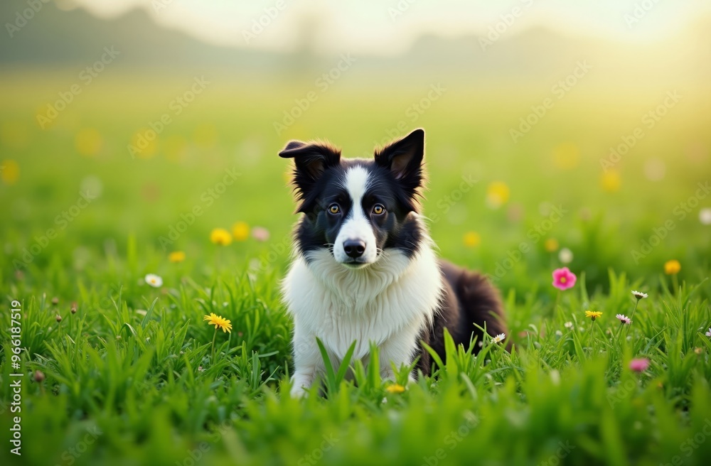 Playful Border Collie in Blooming Meadow Playful Border Collie in Blooming Meadow