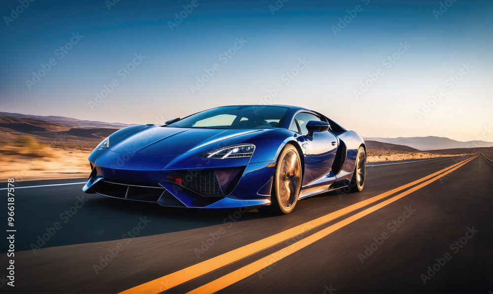 Obraz premium A blue sports car drives down a desert highway at sunset