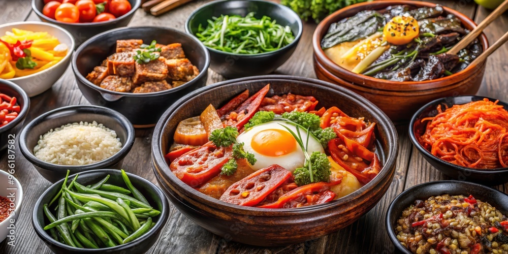 Korean Food Table with Fried Egg, Vegetables, and Stews, Korean Cuisine, Food Photography, Korean Food Korean Food Table with Fried Egg, Vegetables, and Stews, Korean Cuisine, Food Photography, Korean Food