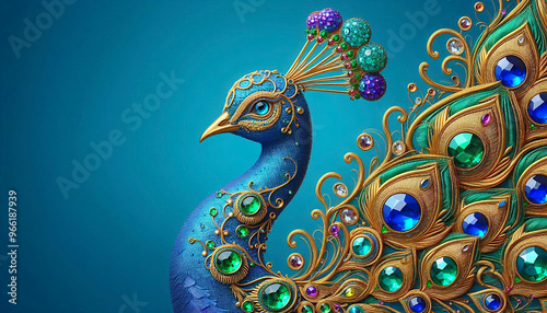 view of an elegant, beautiful peacock made out of vibrant, shimmering emerald, sapphire, and ruby jewels and ornate, gold thread in blue background, copy space