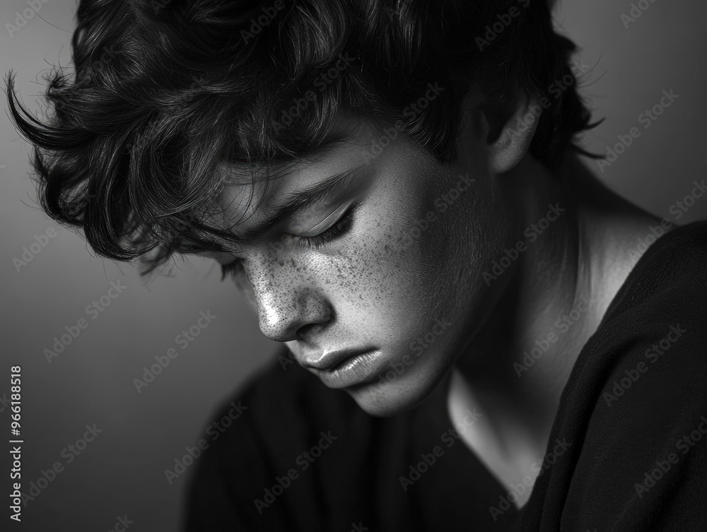 Introspective Portrait. Close-up portrait of a person with long hair, looking downwards with a contemplative or somber expression. Introspective Portrait. Close-up portrait of a person with long hair, looking downwards with a contemplative or somber expression.