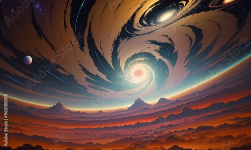 Futuristic cosmic animation with deep space, galaxy, and futuristic cityscape on planet. Bright cosmic animation with illustrations transformations and metamorphose. AI generated cinematic video