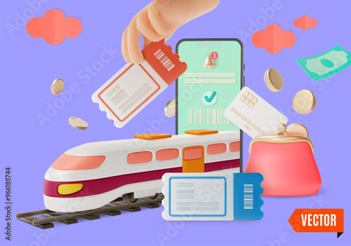 3d Buy Train Tickets Online Travel and Tourism Concept Background Cartoon Design Style. Vector illustration of Mobile Phone
