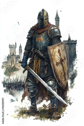 Watercolor of Medieval knight clad in ornate armor with a sword photo