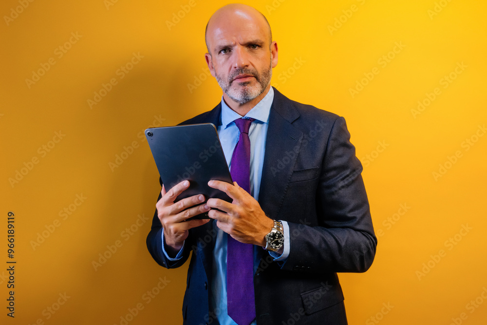A man in a blue suit using a tablet in front of a yellow wall. A man in a blue suit using a tablet in front of a yellow wall.