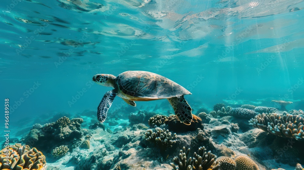 Obraz premium tranquil underwater scene celebrating world oceans day diverse marine life from vibrant coral to graceful sea turtles in crystalclear turquoise waters