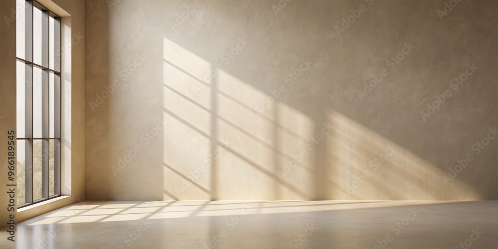 Obraz premium Minimalist Beige Interior with Window Light, Beige Wall, Light Floor, Minimalism, Interior Design, Light