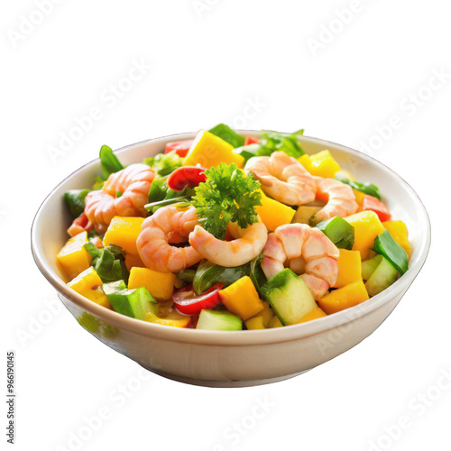 shrimps salad with mango and avocado on wooden table