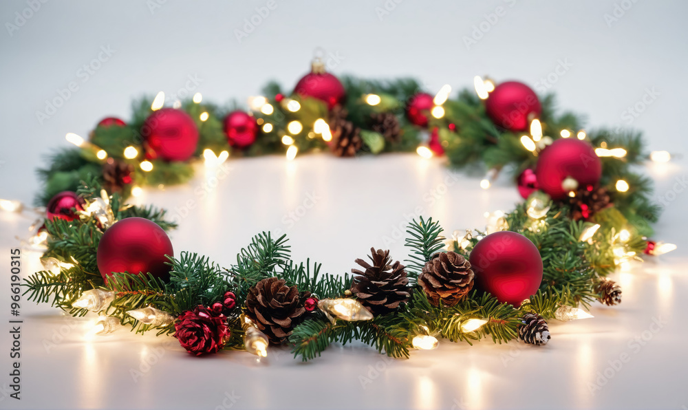 A Christmas garland with red ornaments, pine cones, and white lights on a white surface A Christmas garland with red ornaments, pine cones, and white lights on a white surface