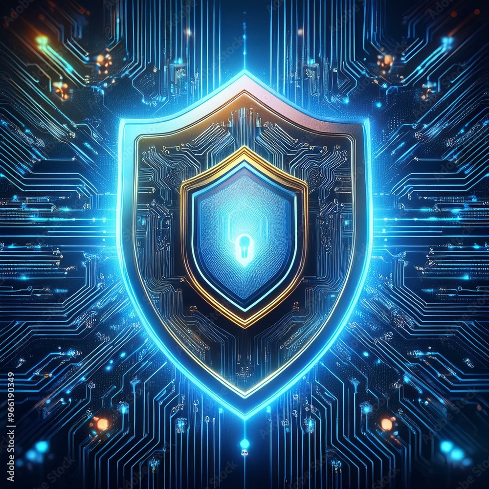 Fototapeta premium A futuristic digital shield icon glowing on a circuit board, representing cyber security and data protection.