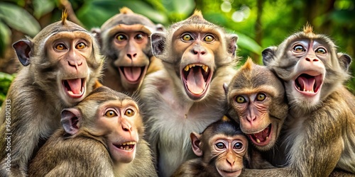 Group of playful monkeys gather together, their joyful faces contorted in laughter, showcasing their cheerful bond and