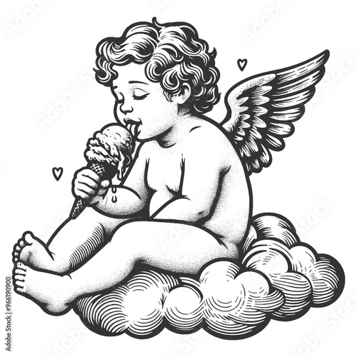 Adorable cherub cupid sitting on cloud, enjoying melting ice cream cone, whimsical and playful scene sketch engraving generative ai vector illustration. Scratch board imitation. Black and white image