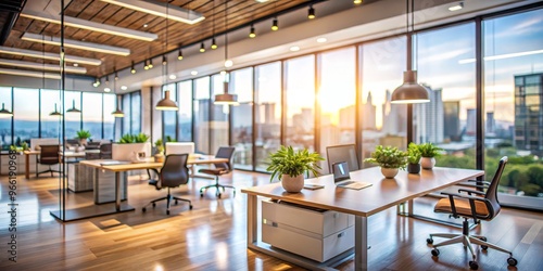 Modern Office Desk with City View, Wood Floor, Office Chair, Office Space, Desk, Cityscape, Urban