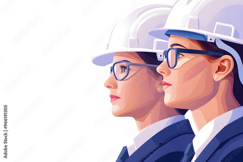 A blue vector illustration of three people in profile wearing white construction helmets and glasses A blue vector illustration of three people in profile wearing white construction helmets and glasses
