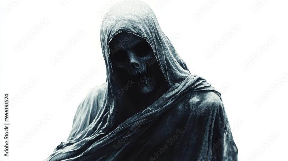 Spooky dark hooded figure with a ghostly appearance in a white background, evoking a mysterious and eerie atmosphere. Perfect for Halloween themes. Spooky dark hooded figure with a ghostly appearance in a white background, evoking a mysterious and eerie atmosphere. Perfect for Halloween themes.