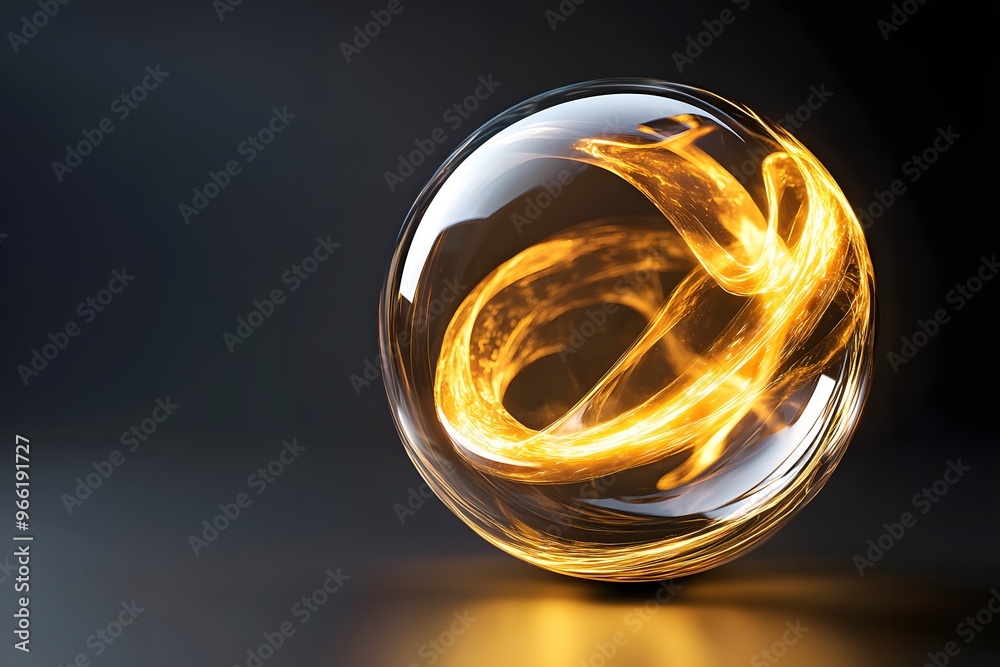 A glowing, transparent bubble with swirling golden energy inside, set against an all black background A glowing, transparent bubble with swirling golden energy inside, set against an all black background