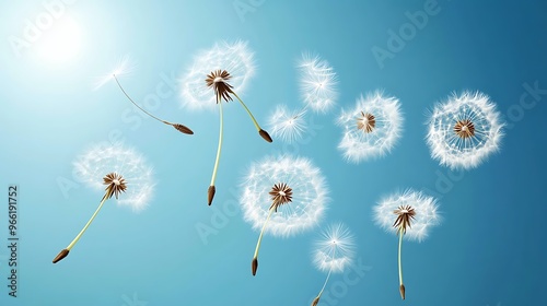 Dandelion Seeds Floating in the Blue Sky