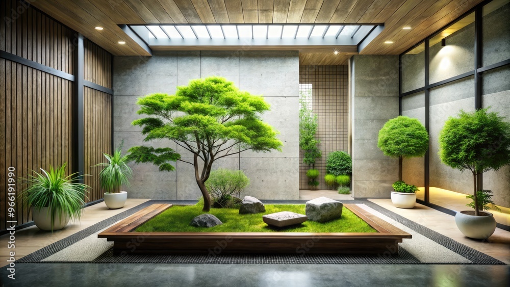Tranquil indoor garden with zen elements and natural light. Tranquil indoor garden with zen elements and natural light.