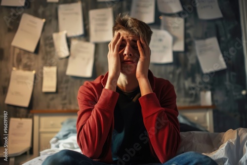 Worrying about Exams Emotional, low lighting shot of a teenage boy stressed about exams.