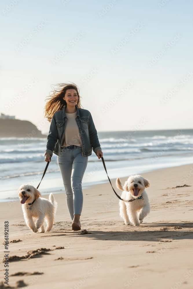 A woman is walking two dogs on a beach. The dogs are white and seem to be enjoying the walk. The woman is smiling and she is happy A woman is walking two dogs on a beach. The dogs are white and seem to be enjoying the walk. The woman is smiling and she is happy