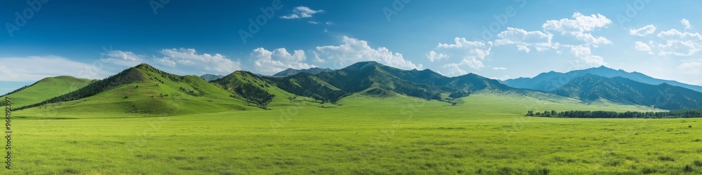 A vast, green field with a clear blue sky. The sky is dotted with clouds, and the field is dotted with trees. Scene is peaceful and serene, with the vast expanse of green grass A vast, green field with a clear blue sky. The sky is dotted with clouds, and the field is dotted with trees. Scene is peaceful and serene, with the vast expanse of green grass