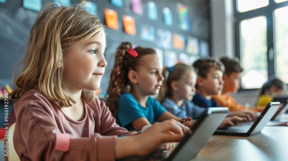 Children using tablets for an interactive learning activity, seated at desks in a modern classroom Children using tablets for an interactive learning activity, seated at desks in a modern classroom