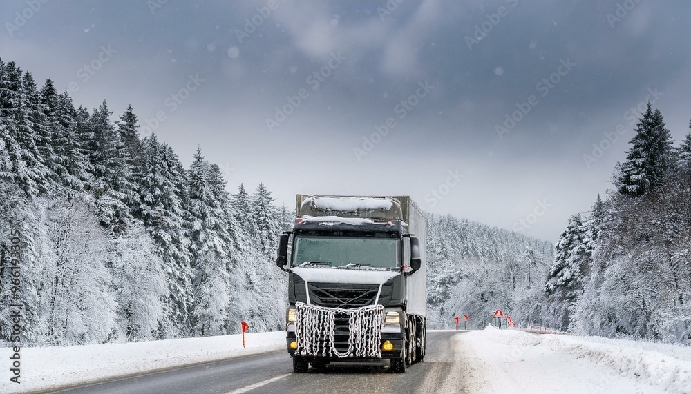 Cargo truck moving along a snowy mountain road Cargo truck moving along a snowy mountain road