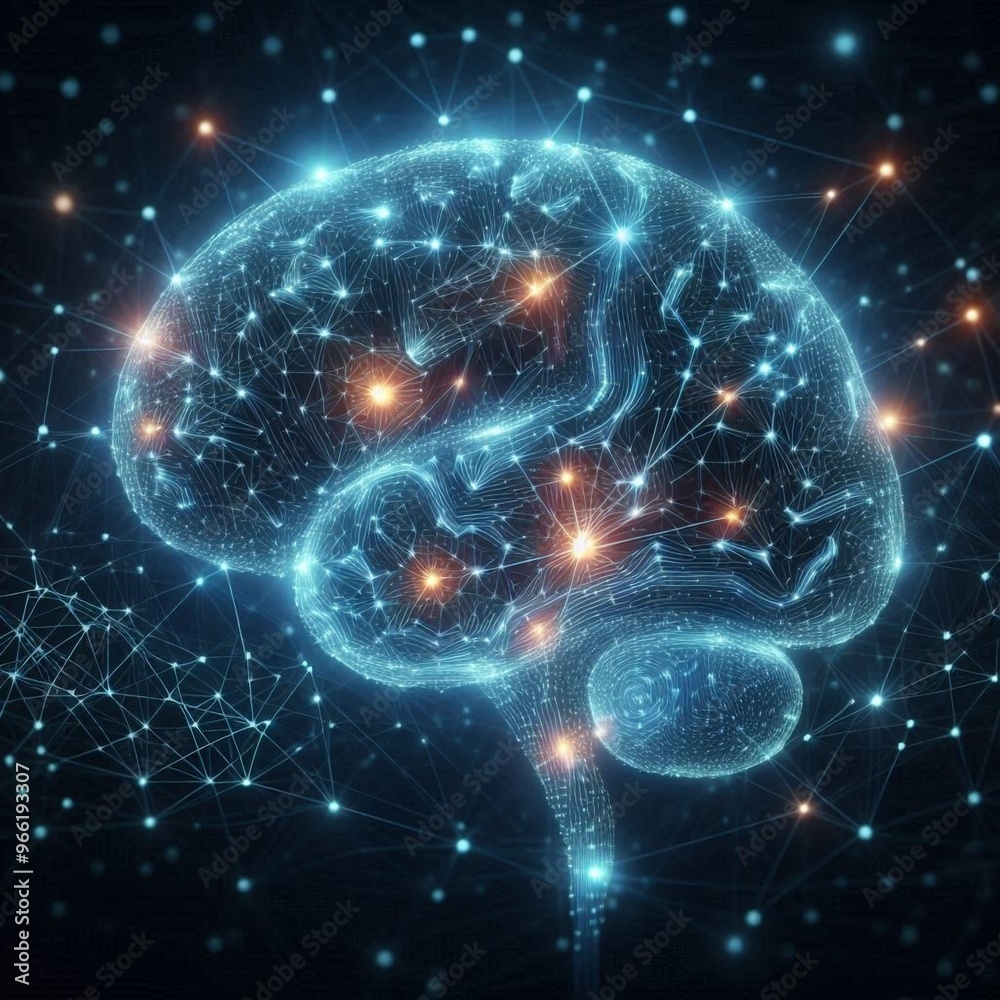 AI. Digital brain shaped with blue neural connection lines and glowing dots. AI. Digital brain shaped with blue neural connection lines and glowing dots.