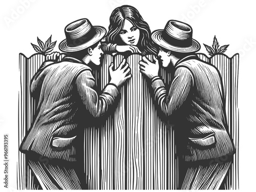 two men in hats whispering over fence, woman listens from the other side, intrigue and conversation sketch engraving generative ai vector illustration. Scratch board imitation. Black and white image.