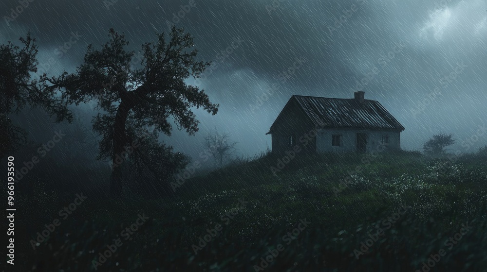 A lone house standing in the middle of a storm, with heavy rain falling and strong winds tearing through nearby trees, creating an eerie, isolated scene. A lone house standing in the middle of a storm, with heavy rain falling and strong winds tearing through nearby trees, creating an eerie, isolated scene.