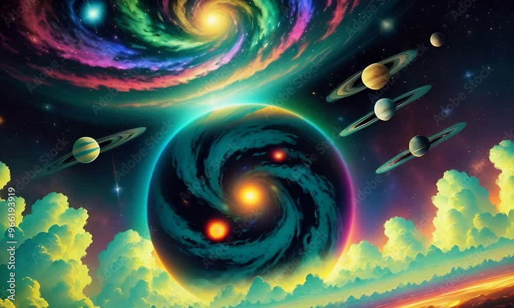 Futuristic cosmic animation with planet, deep space, galaxy. Bright ...