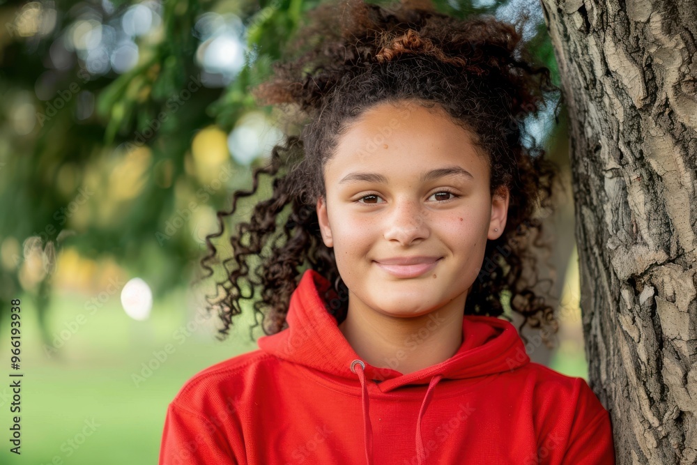 Mixed-race teenage girl portrait in front of tree. Mixed-race teenage girl portrait in front of tree. She is wearing a red hoodie, have very curly hair and is looking at the camera with a smile. Verti Mixed-race teenage girl portrait in front of tree. Mixed-race teenage girl portrait in front of tree. She is wearing a red hoodie, have very curly hair and is looking at the camera with a smile. Verti