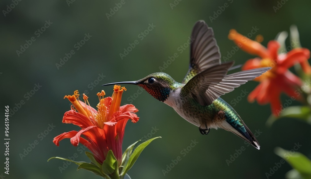 Naklejka premium Colorful Hummingbird Feeding on Flower
