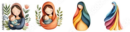Artistic representations of mothers holding children, showcasing love and nurturing in vibrant colors and floral designs.