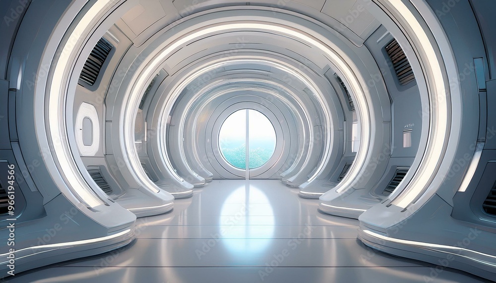 Obraz premium A futuristic hallway with a large, round doorway leading to a brightly lit room. The walls are white and smooth, and the floor is polished concrete.