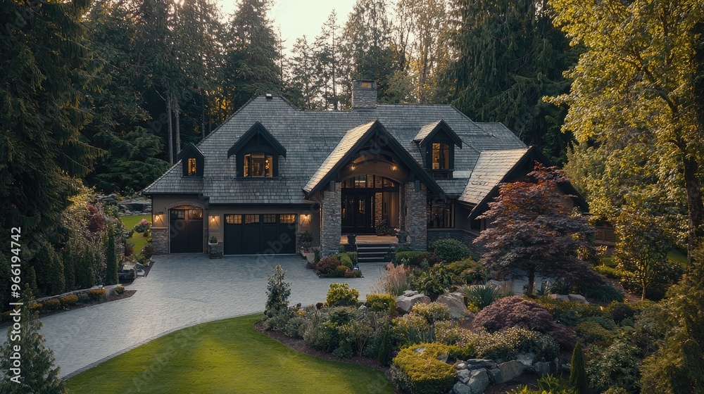 Fototapeta premium Luxurious executive home with landscaped garden in the pacific northwest