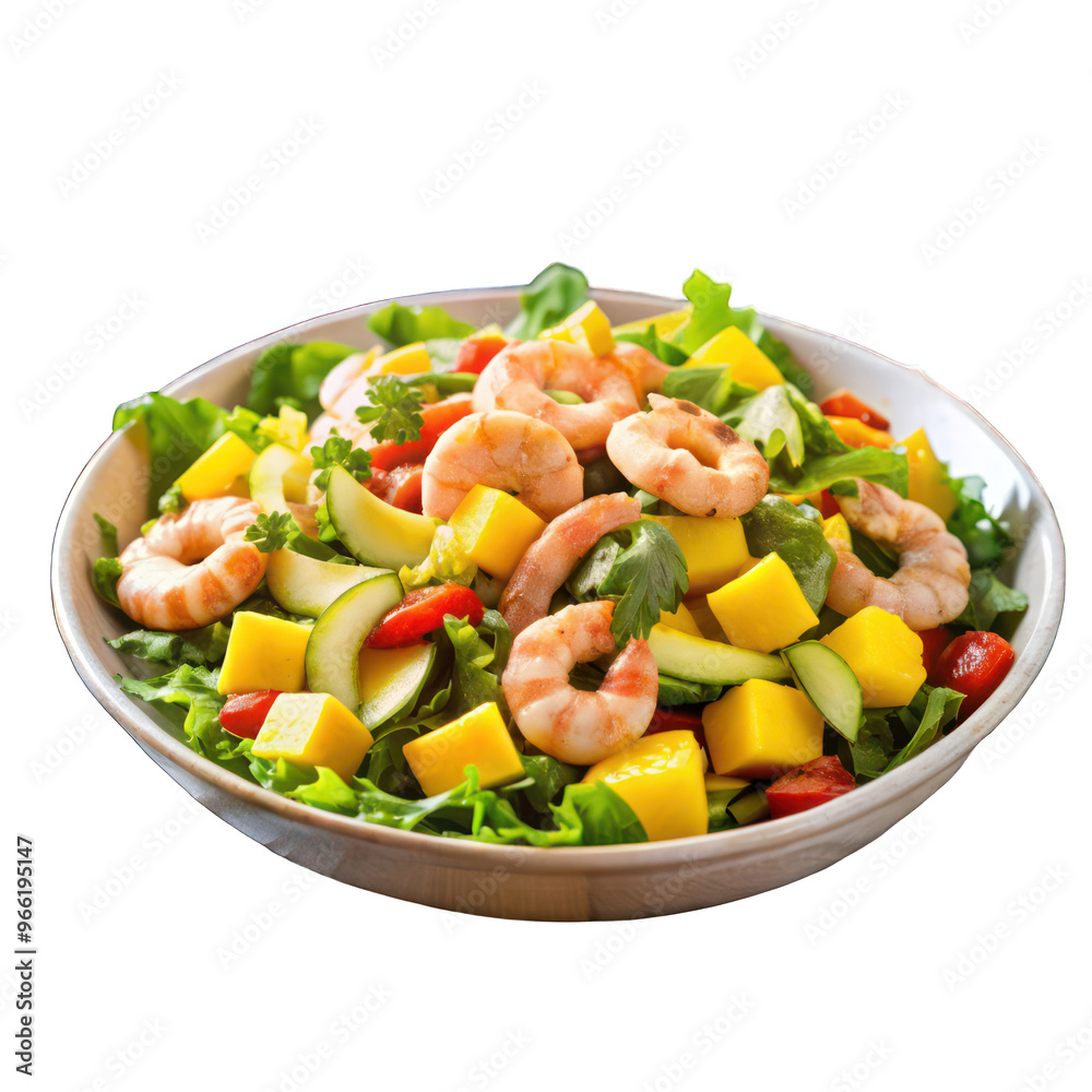 shrimps salad with mango and avocado on wooden table shrimps salad with mango and avocado on wooden table